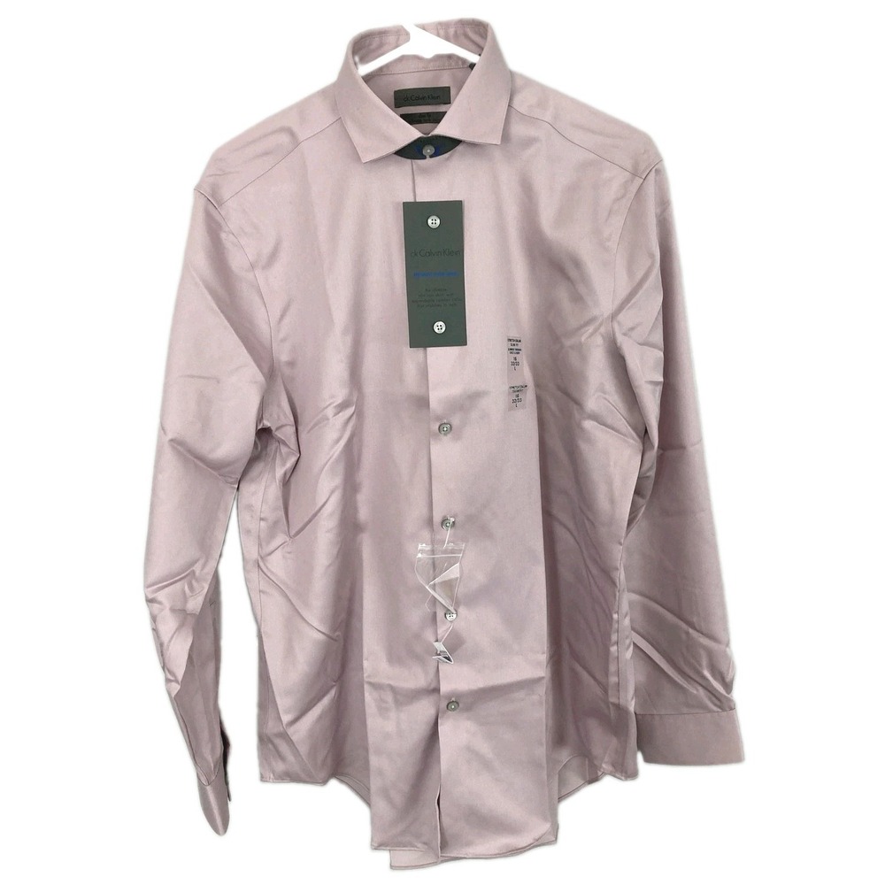 Calvin Klein Shirt Men L 16 32/33 Pink Solid Slim Fit Stretch Non Iron Dress NWT